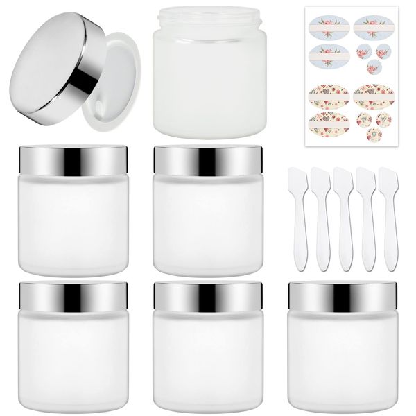 6 Pack, 4 oz 120 ml Frosted Glass Jars with Silver Lids & Inner Liners, Empty Matte Clear Round Refillable Cosmetic Containers Travel Jars for Cosmetics, Body Face Cream Lotion