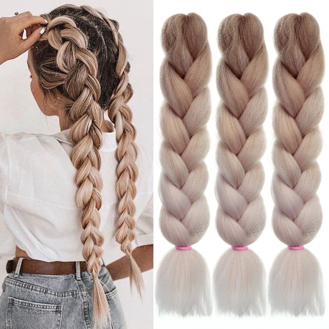 EMMOR Jumbo Braiding Hair Extensions 24 Inch High Temperature Synthetic Fiber 3 pcs Box Braids Braiding Hair Twist Crochet Braids Pre Stretched Kanekalon(Ombre Light Brown)