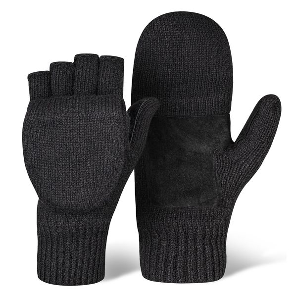 OutdoorEssentials Fingerless Winter Gloves Convertible Mittens for Men & Women - Warm Knit Flip Top Wool Mitten Gloves