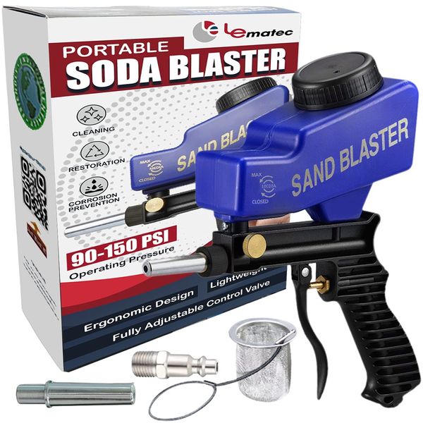 LE LEMATEC Sand Blaster Gun Kit for Paint Removal, Metal Rust Remover & Wood Stripper, Portable Soda Blaster for Air Compressor, Up to 150 PSI Blasting Media for Soda, Aluminum, Sand & Walnut Shells