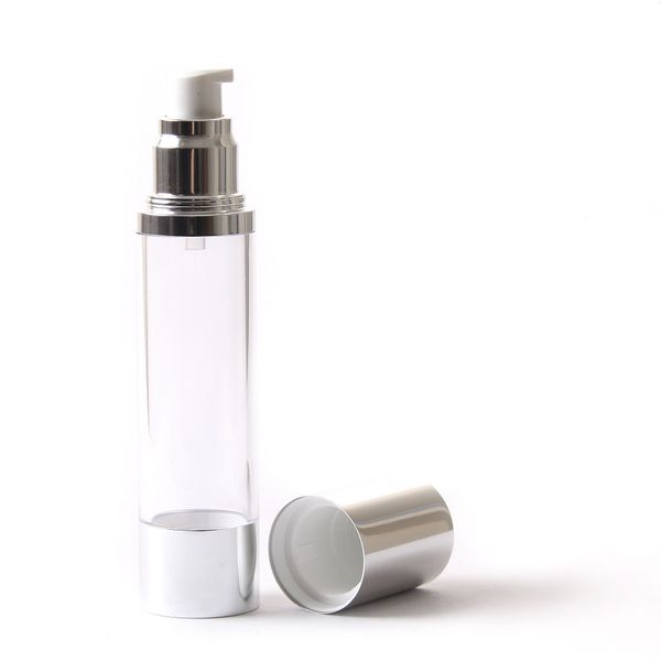 Clear & Silver Chrome 50ml with Cap - Airless Serum Bottles x 10