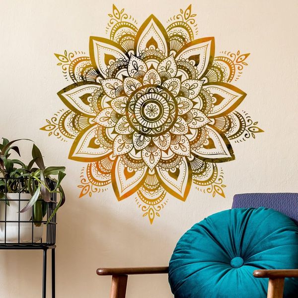 COVPAW Wall Sticker Mandala Gold Yellow Living Room Bedroom Wall Sticker Wall Picture Boho Style Hallway Yoga Wall Decoration (Mandala A)