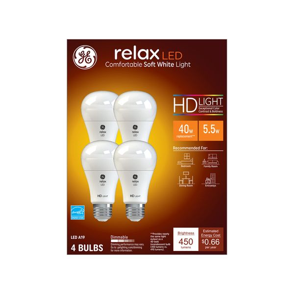 GE Relax LED Light Bulbs, 40 Watt, Soft White, A19 (4 Pack)