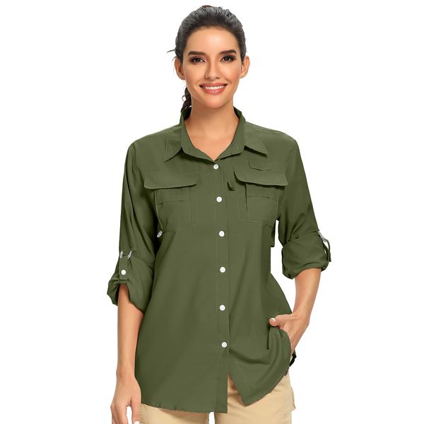 Women's Long Sleeve Shirts UPF 50+ UV Sun Protection Safari Shirt, Outdoor Cool Quick Dry Fishing Hiking Gardening PGF Clothes #5055-Army Green-XL