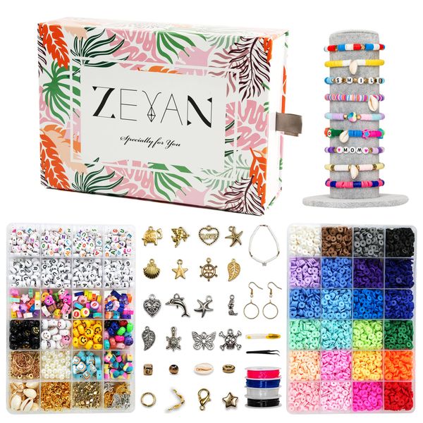 ZEYAN Jewellery Making Kit for Girls - 6525pcs Luxury Clay Beads Bracelet Making Kit - 2 Trays of Colorful Clay Bead Set, 6mm Clay Beads for Bracelets Making with a Luxurious Giftbox