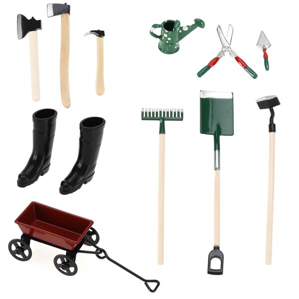 11Pcs 1:12 Dollhouse Working Accessories Dolls House Miniature Garden Set Shovel Rake and Spade Watering Can Pulling Cart Mini Cart Garden Tools for DIY Children Dolls House