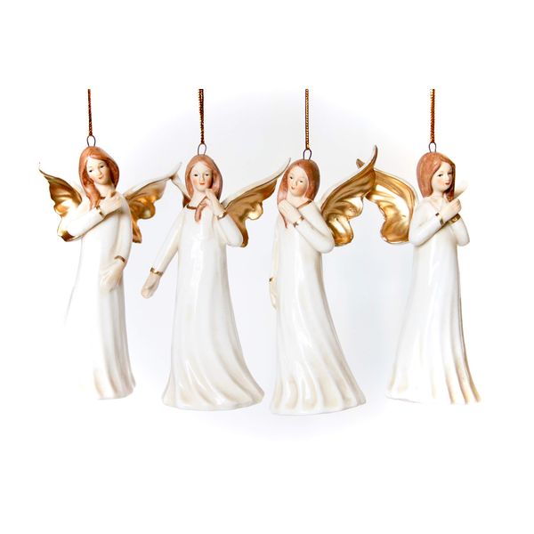Gisela Graham 4 Ceramic Christmas Angels Decorations - Set of 4, 11.5cm, White, Silver Peacock Angel, Hanging or Free Standing, Christmas