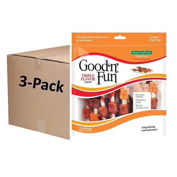 Good'n'Fun Triple Flavored Rawhide Kabobs for Dogs, 12 Oz (3 Pack)