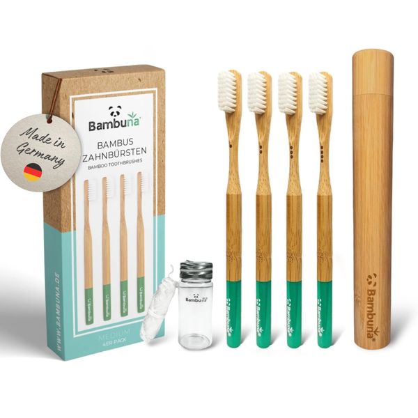 BAMBUNA Bambus Zahnbürsten Set 4-teilig mit Reiseetui & Minz-Zahnseide - Zahnbürste Plastikfrei mit mittelweichen Borsten - Reisezahnbürsten Etui aus Bambus - vegan Dental floss - Made in Germany