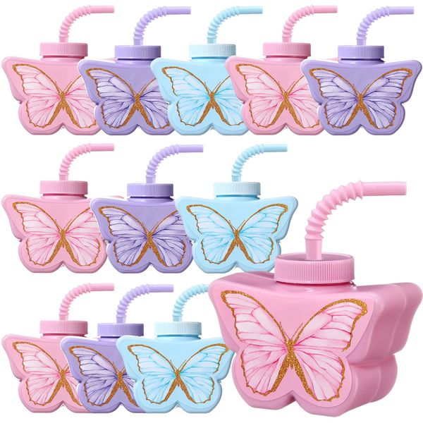 Mifoci Butterfly Birthday Party Favor Cups, 10 Oz Plastic Butterfly Themed Party Drinking Cups Pink and Purple Party Cups Butterfly Party Supplies for Girls Tea Baby Shower Wedding Favors(12 Pcs)