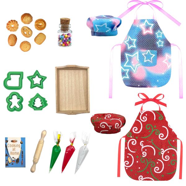 2024 Christmas Elf Accessories, Mini Elf Baker Kits, 2 Sets Apron and Hats,Mini Cookies, for Xmas Elf Doll Ideal Decorations, Rolling Pin, Cookie Cutters, Trays, Cookbook and Cream Decor, Green