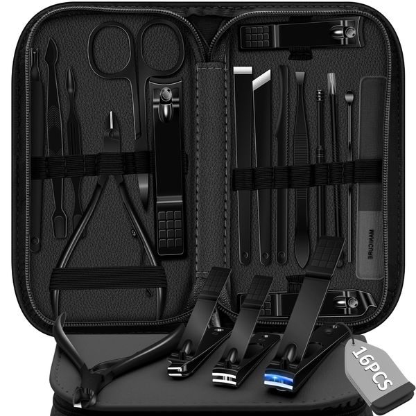 Manicure Set 16 In 1 Professional Stainless Steel Pedicure Kit Toenail Clippers Set Mens Grooming Kit Fingernail Kit for Women with Luxurious Travel Bag, Suitable for Home, Travel, and Salon (Black)