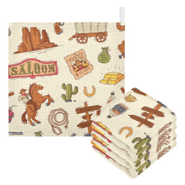 WIFIU Cowboy Sheriff Baby Burp Cloths for Boys Girls, 5 Pack Wild West Western Baby Muslin Washcloths Newborn Face Bath Towel Soft Absorbent Cotton Wash Cloth Baby Registry, 12 x 12 Inch