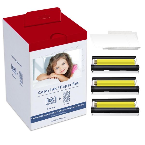 Replace Canon KP-108IN Color Ink and Paper Set for Selphy CP1500 CP1300 CP1200 CP1000 CP910 CP900 CP810 CP760 CP770 CP780 Photo Printer, KP108 3 Color Ink and 108 Sheets 4x6 Photo Paper Glossy