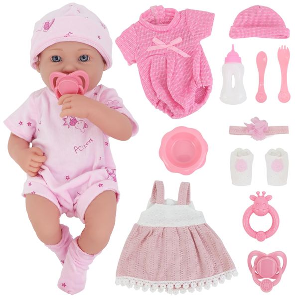 UNICORN ELEMENT 14 Inch Baby Doll and Doll Clothes Accessories Set, Reborn Vinyl Body Baby Doll Playset with Hat, Socks, Bottle, Toy Rattle, Pacifier for Toddlers Girls