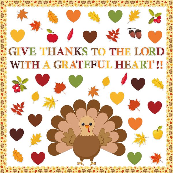 B1ykin 131Pcs Thanksgiving Turkey Grateful Heart Classroom Bulletin Board Decoration Set, Fall Turkey Maple Leaves Cutout Wall Decor, Elementary Kindergarten Preschool Chalkboard Decorations Supplies