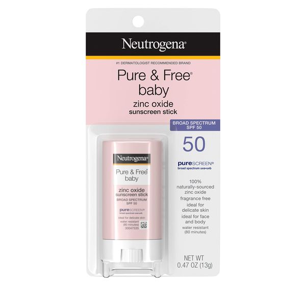 Neutrogena Pure & Free Baby Mineral Sunscreen Stick with Broad Spectrum SPF 50 & Zinc Oxide, Water-Resistant, Hypoallergenic, Paraben-, Dye- & PABA-Free Baby Face & Body Sunscreen, 0,47 oz