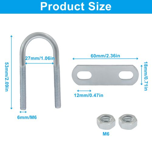 PHITUODA 4 Pack Round U-Bolts,Zinc Plated Steel M6 Round Bend U Clamp with Nut Plate(27mm Inner Width 53mm Length)