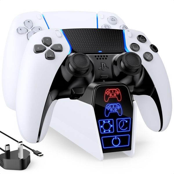 Fenolical PS5 Charging Station, PS5 Controller Charging Dock with Timer Function and Smart Touch Control, PS5 Controller Charger Station with 5V/3A UK Adapter (White)