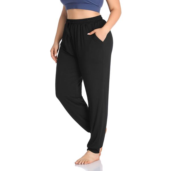 ZERDOCEAN Women's Plus Size Casual Lounge Yoga Pants Comfy Relaxed Joggers Pants Drawstring with Pockets Black 3X