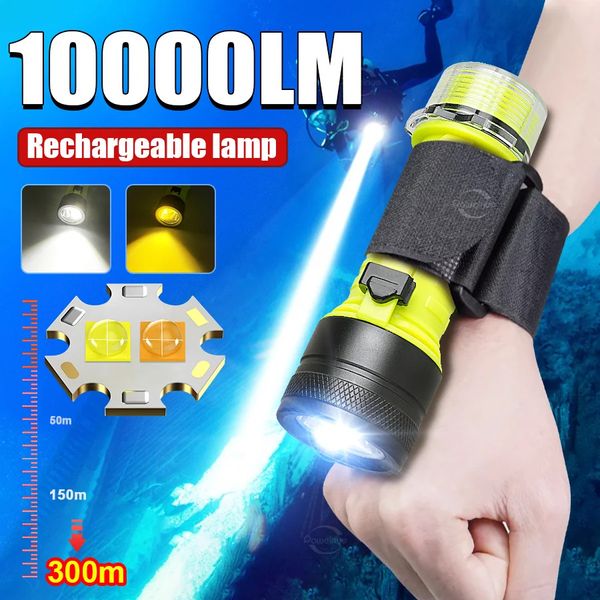 LED Diving Flashlight USB Professional IPX8 Underwater Scuba Flashlight Fishing