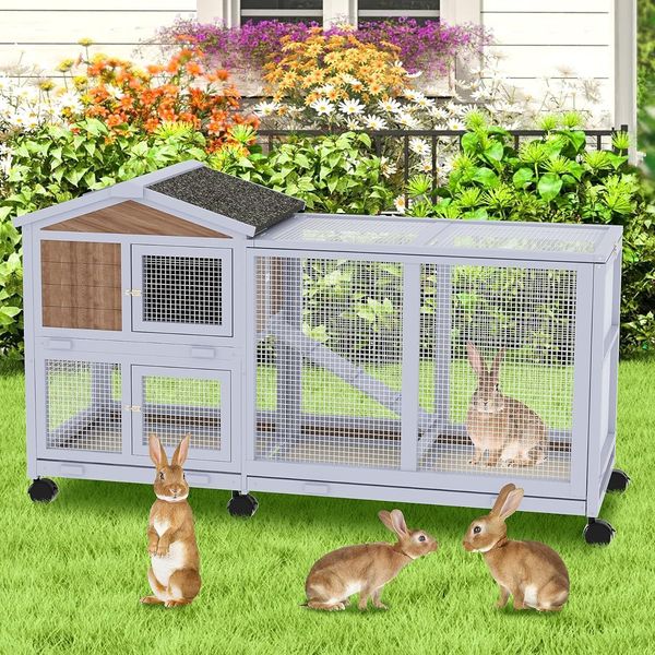 Rabbit Hutch 58" Indoor Rabbits Pet Hutch Outdoor Rabbit Cages Wood Rabbit Hutch