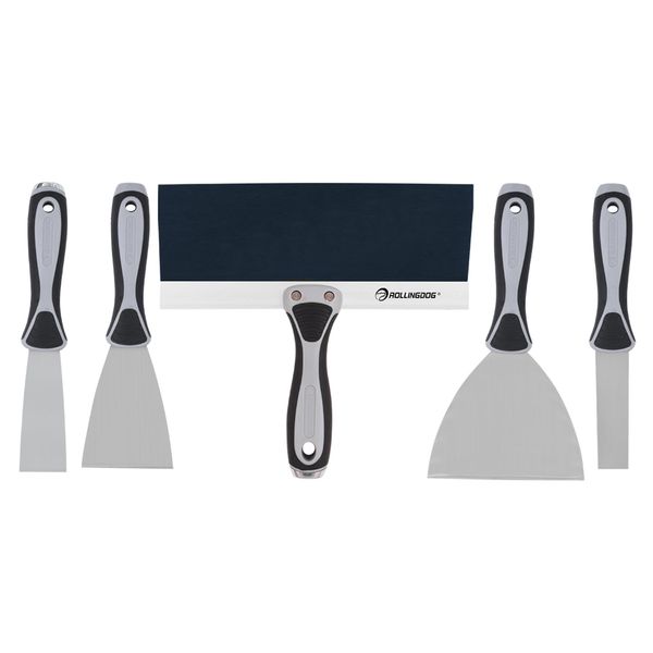 ROLLINGDOG 5PC Putty Knife Set Includes Chisel Scraper and 10" Taping Knife with Durable High Carbon Blades Great for Scarping,Cleaning,Wall Repairs and Spreading