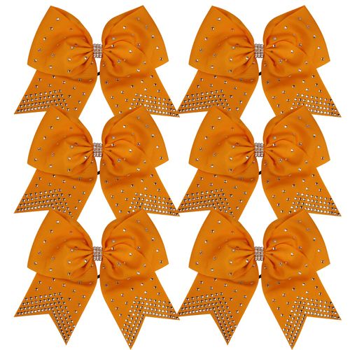 8 Inch Cheerleader Bows Ponytail Holder with Bling Fling Rhinestones Hair Tie Cheerleading Bows 6 Pcs (Orange)