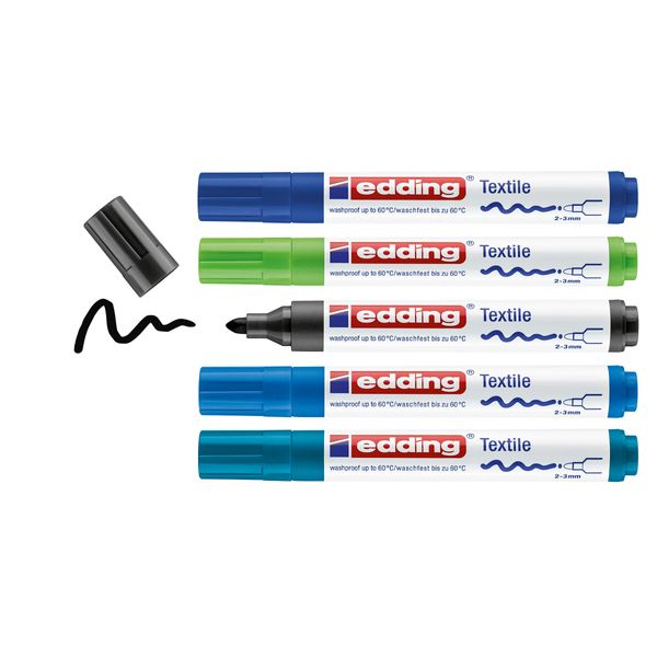 edding 4500 textile marker - black, 3x blue, green - 5 pens - round nib 2-3 mm - permanent fabric markers for drawing on textiles, wash-resistant up to 60°C - marker pens for fabric lettering