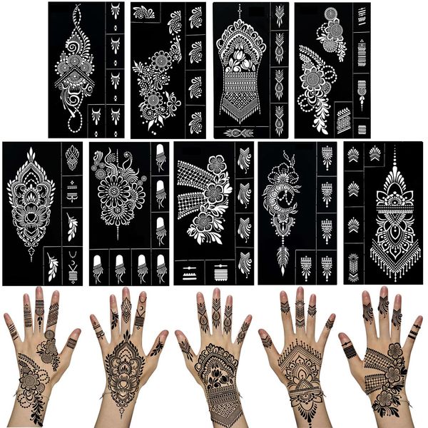 QSTOHENA 9 Blatt Indische Arabische Henna Tattoo Schablonen Kit für Hand Unterarm, Selbstklebende Temporäre Tattoo Aufkleber Glitter Airbrush DIY Tattoo Vorlagen für Frauen Mädchen