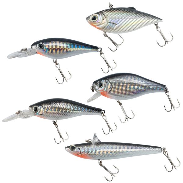 Dr.Fish 5 Pack Crankbait Lipless Minnow VIB Hardbait Sinking Bass Lure Plug Pencil Bait Chrome Laser Painting 3D Eyes Rattle Balls Treble Hook Split Ring Tackle Box Freshwater Shad Perch Walleye