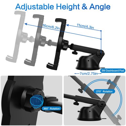YOOZ Dashboard Car Tablet Mount Suction [Telescopic Adjustable Arm] Car Dash Windshield Tablet Holder for iPad Pro 12.9 Air Mini, Galaxy Tabs, Fold, iPhone, 4-13" Tablets & Phones