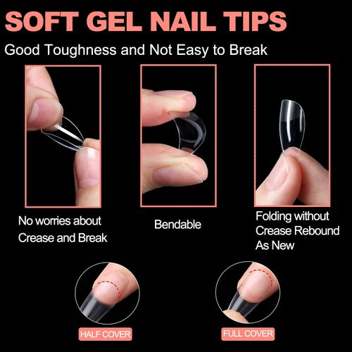 Metà Gel opaco Full Cover Nail Tips-240PCS Medium Almond & Square False Nail Translucent Pre-Buff PMMA Cover Break Resistant Nail Tips Kit 12 Sizes for DIY Manicure Nail