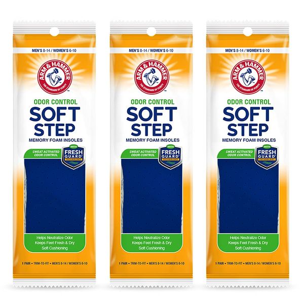 Arm & Hammer Odor Control Soft Step Insoles, Memory Foam Insoles for Men & Women. Grey Topside Treated w/Fresh Guard Tech.! Best Insoles for Standing All Day, Foot Inserts, Shoe Inserts Unisex-3 Pack