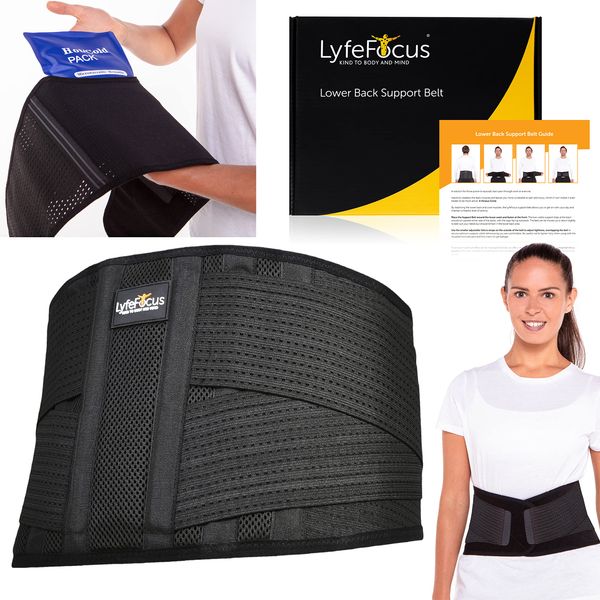 LyfeFocus Premium Adjustable Lower Back Support Belt for Men & Women - Breathable Lumbar Support Brace Supplied with Reusable Hot Cold Pack for Pain & Muscle Tension Relief (Check Size Table: Medium)