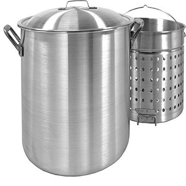 Bayou Classic 1000 Handcrafted 100-qt Aluminum Bayou Boiler Features Heavy-Duty Riveted Handles Reinforced Boiling Basket w/ Helper Handle Made w/ Heavy Gauge Aluminum