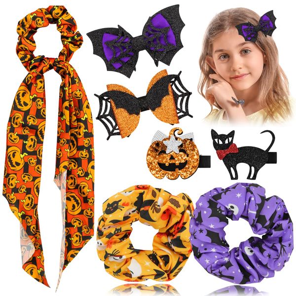 7 PCS Halloween Hair Accessories for Women Girls Halloween Hair Scrunchies Halloween Hair Clips Cute Halloween Hair Ties Pumpkin Ghost Bat Spider Web Skull Black Cat Alligator Hairpins