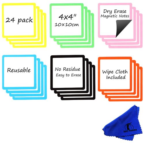Dry Erase Magnets Set - 24 Pack - 4x4 Whiteboard Magnetic Planning Pads Labels - Small White Board Magnet Strips Name Tags for Home, Office and Classroom