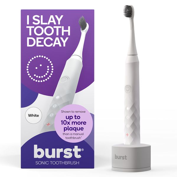 Burst Electric Toothbrush for Adults - Soft Bristle Toothbrush for Deep Clean, Stain & Plaque Removal - 3 Sonic Toothbrush Modes: Teeth Whitening, Sensitive, Massage - White