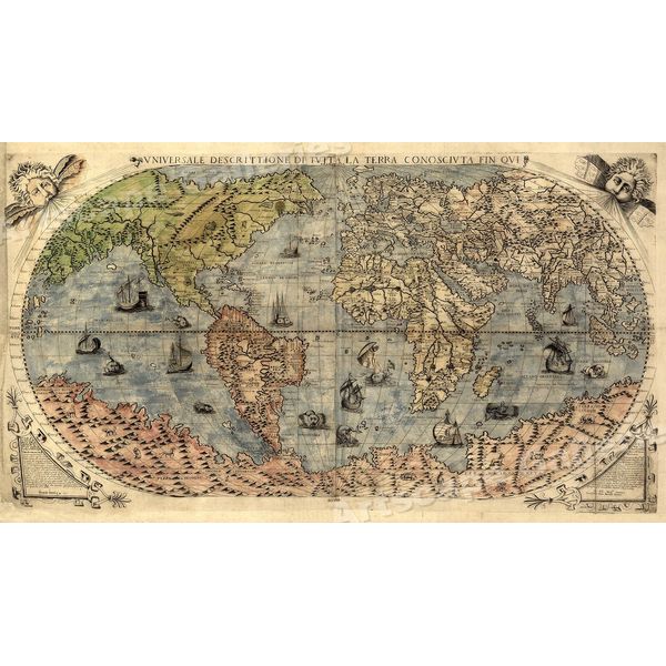1565 Historic Large World Map Decorative Print - 14x24