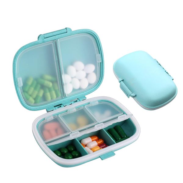 Senshuomy Travel Pill Organisers,Small Pill Box,Portable Medicine Storage Box,Portable Daily Pill Organizer,Wheat Pill Dispenser with 8 Compartments, Convenient and Reliable(Blue)