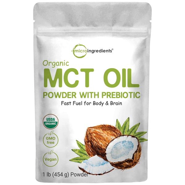 Organic MCT Oil Powder with Prebiotic Fiber,1 Pound(16 Ounce), Fast Fuel for Body and Brain, C8 MCT Oil for Coffee Creamer, Delicious for Tea, Smoothie, Drink and Beverage, No GMOs, Keto Diet, Vegan