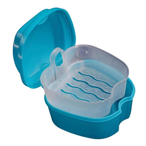 Denture Box with Strainer, Portable False Teeth Storage Container, Orthodontic Dental Retainer Box Denture Cleaning Kit for Travel, Retainer Cleaning(Light Blue)