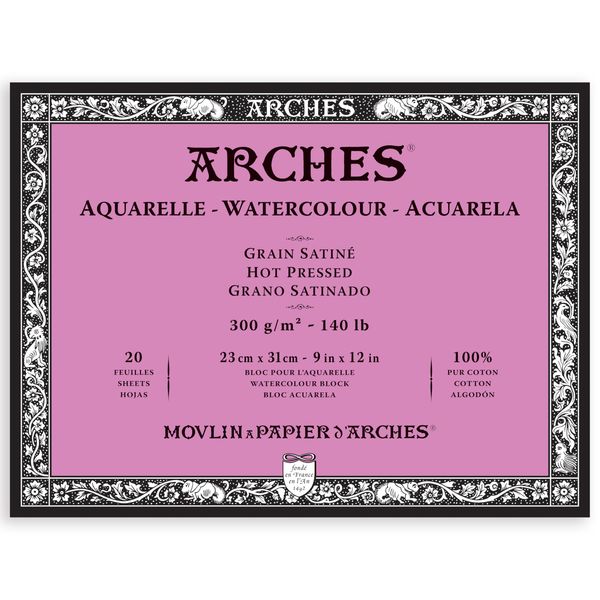 Arches Aquarelle Watercolor Block, Hot Pressed, 140lb/300gsm, 20 Sheet, 9x12 inch, Watercolor Paper 100% Cotton