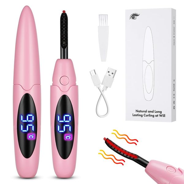 LOPHE Heated Eyelash Curler, USB Rechargeable Heating Electric Eyelash Curler with Eyelash Comb, 3 Gear Temperature Control with LED Display, Lash Curler for Girls Women Quick Heating Curling, Pink