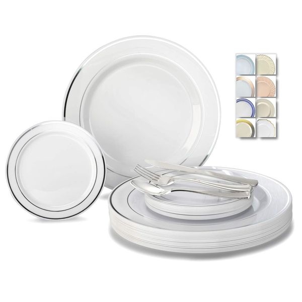 " OCCASIONS " 600 Pcs Set & 120 Guest Wedding Disposable Plastic Plate & Silverware Combo Set (White & Silver Rim plates, Silver Silverware)