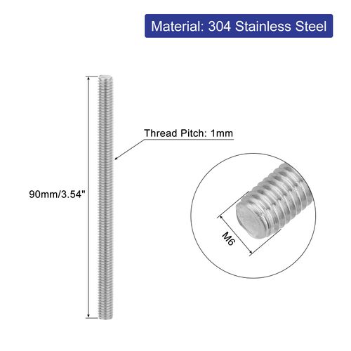 uxcell 4Pcs Fully Threaded Rod, M6 x 90mm 304 Stainless Steel Right Hand Thread Bar Studs M6-1 Thread Pitch for Furniture Machinery Assembly