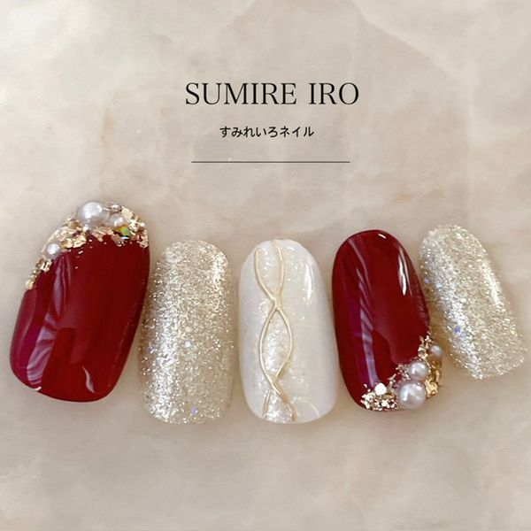 Nail tips False nails Bridal nails Coming of age nails Short long design Simple nails Nails Beige nails Small nails Large nails Very short Chibi nails Adult nails False nails Custom nails<br> [o2114] Red lame mira line red