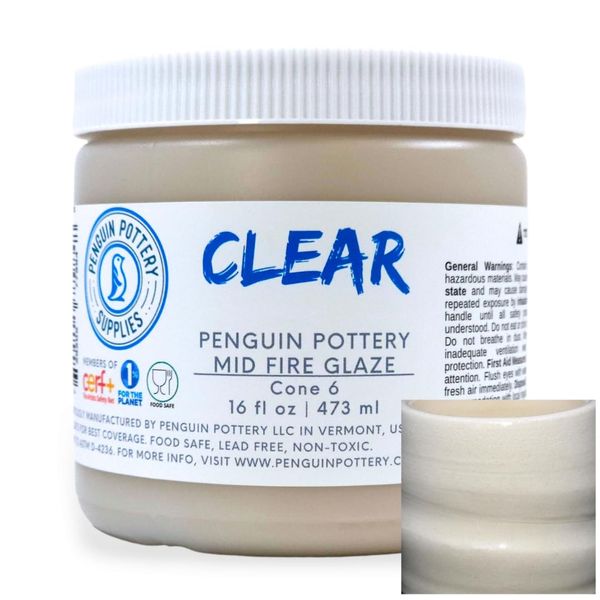 Penguin Pottery - Clear Glaze - Mid Fire Glaze, High Fire Glaze, Cone 5-6 for Mid Fire Clay, High Fire Clay - Ceramic Glaze Pottery (1 Pint | 16 oz | 473 ml)