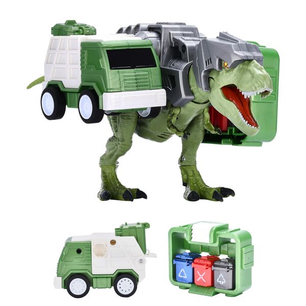 Dazmers Robotic Dinosaur Playset with Light and Sound Effect - Realistic Interactive Walking Dinosaur with Dump Truck and Recycling Bin Accessory - 3 x AG13 Batteries Included -10.4"x6.1"x5.1" - Green